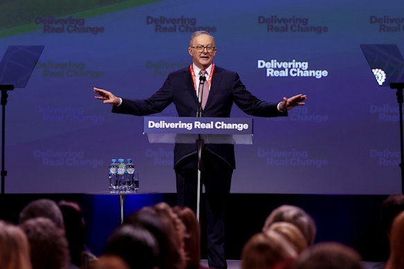 Prime Minister Anthony Albanese speaking at this week's ALP conference in Adelaide.