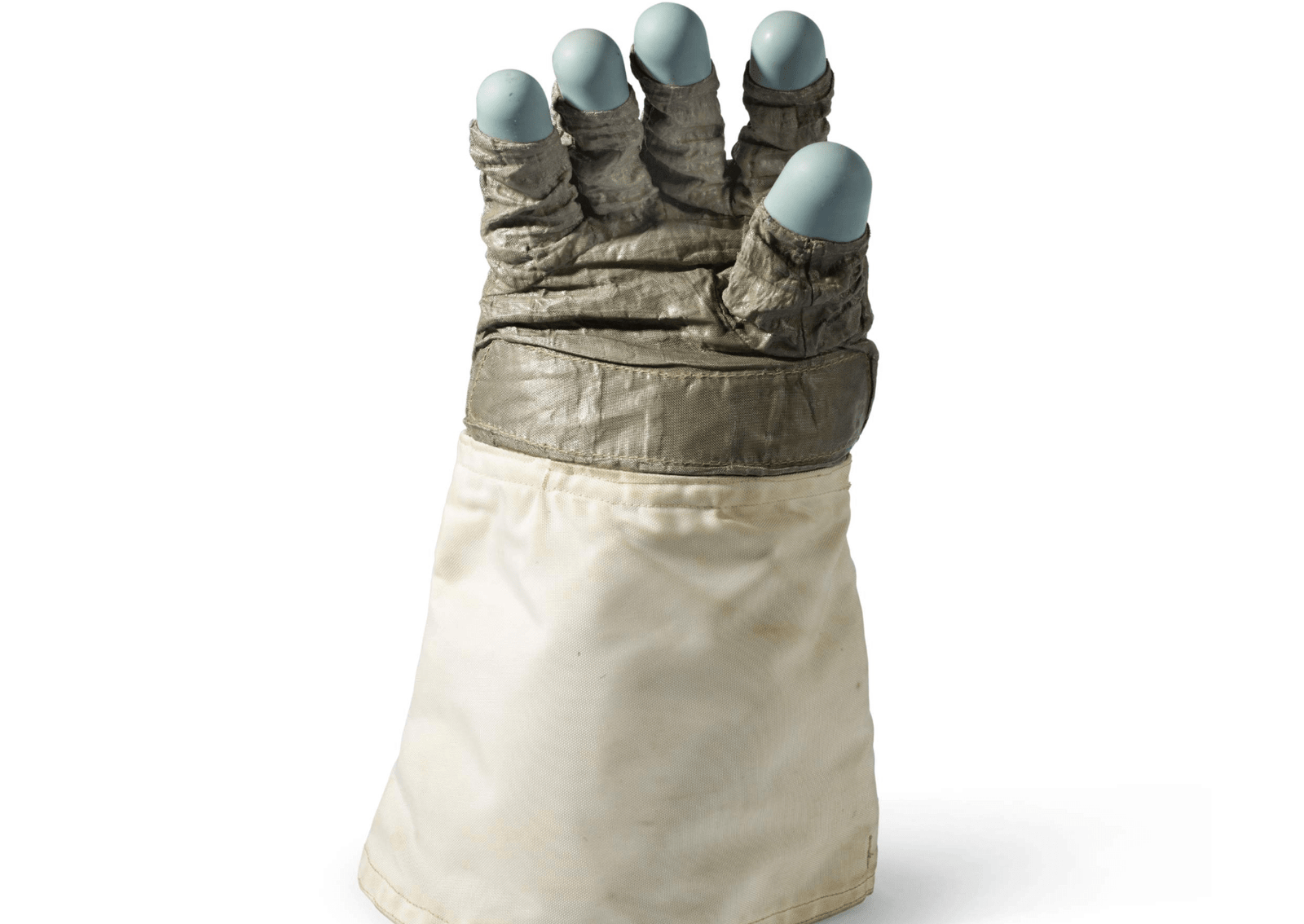 a spacesuit glove. He is white with gray fingers