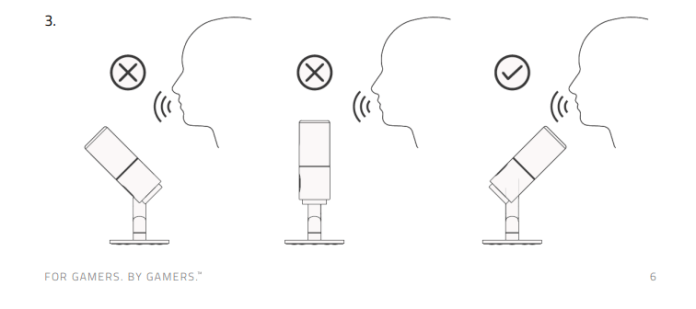 Image of the information brochure. There are three diagrams showing correct and incorrect microphone placement. The two incorrect diagrams have the microphone pointing away from the person's mouth and also pointing directly upward. The correct image shows the microphone pointing directly toward the person's mouth.