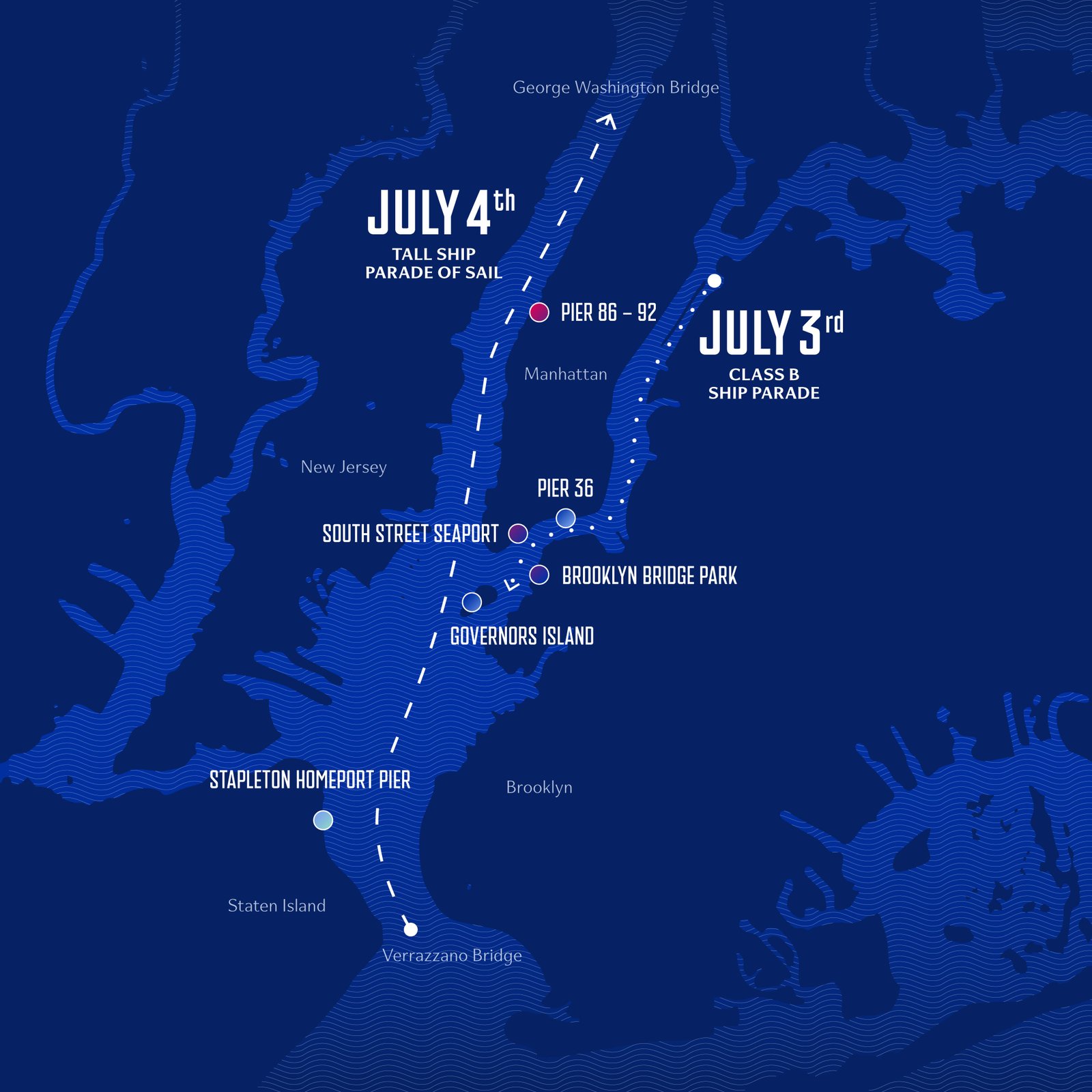 Class B boats will sail the East River on July 3. The A-class boats will set sail during the International Sailing Parade on the Hudson River on July 4. Image: Map courtesy of Sail4th 250