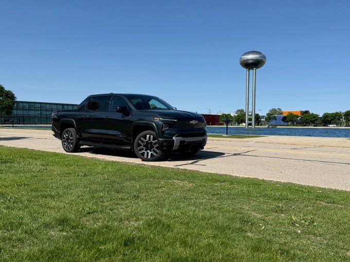 The Silverado EV poses at the GM Tech Center.