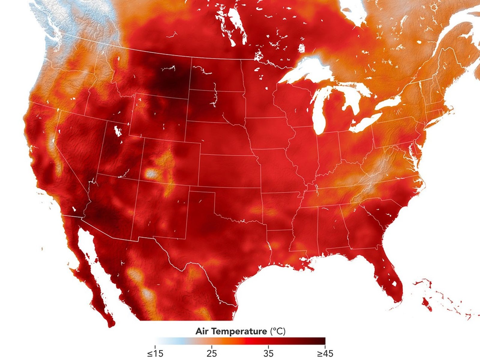 Map of the United States shaded from orange to red, with the deepest red over parts of Montana, Wyoming and Utah, where air temperatures approached or exceeded 45°C (113°F). Deseret, Sheridan and Miles City are labeled as sites with all-time record levels.