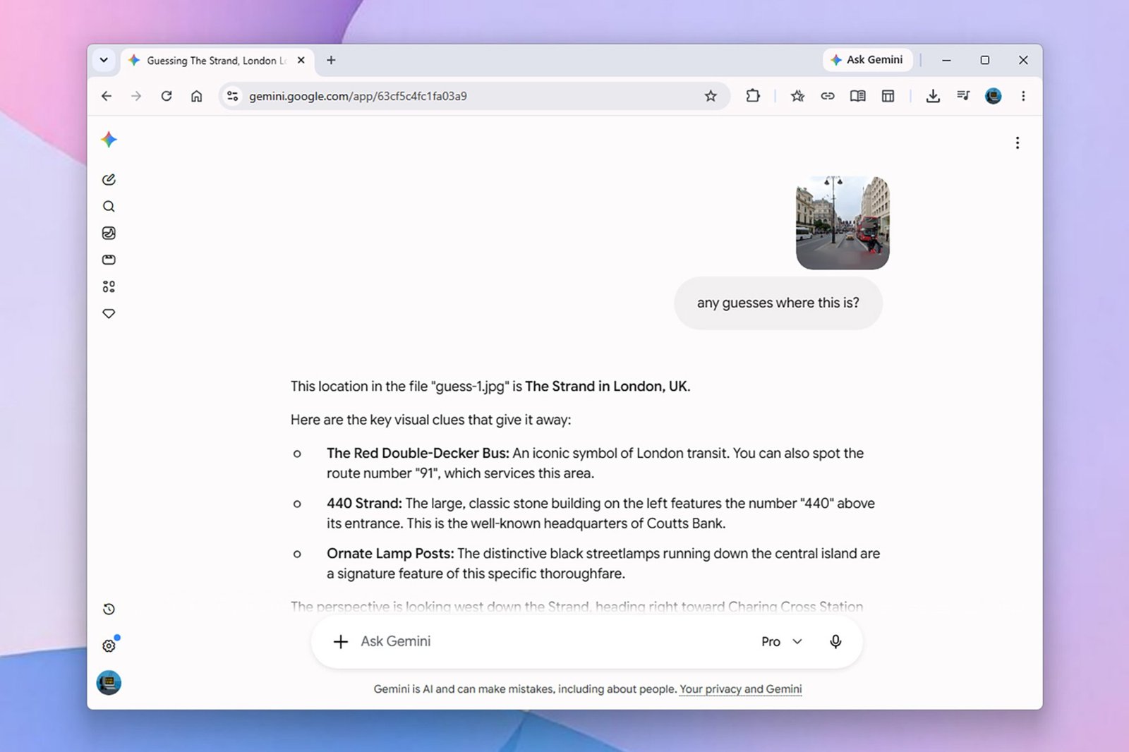 A screenshot of AI guessing a location from a photo