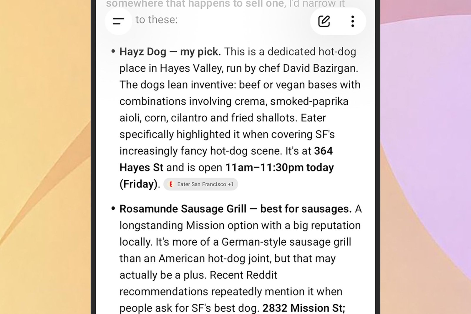 A screencap of AI search results