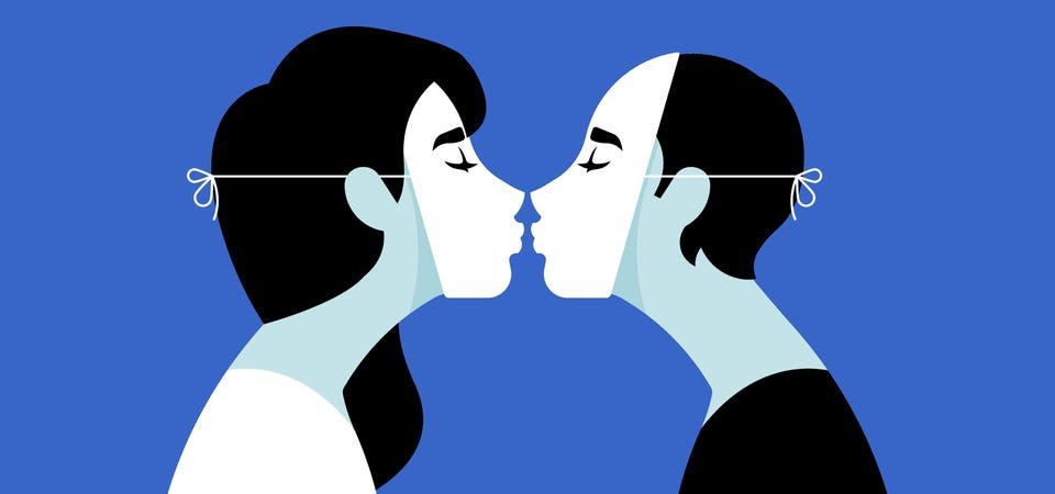 The kiss of two pretenders, two people in theatrical masks. Kiss. A girl in a theatrical white mask kisses a guy in the same theatrical mask. The concept of infidelity, lying or flirting.
