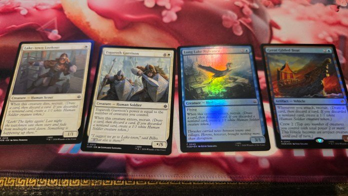 Each of these four cards has recruit. They are: Lake-town Lookout, Esgaroth Garrison, Long Lake Nuisance, and Great Gilded Boat.