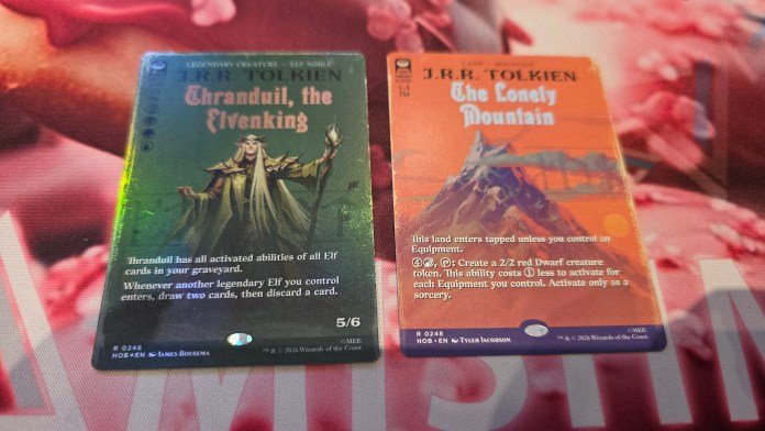 Two book cover cards being: Thranduil the Elvenking, and The Lonely Mountain. They look like old books, and the Thranduil card has a "5/6" number on the bottom right.