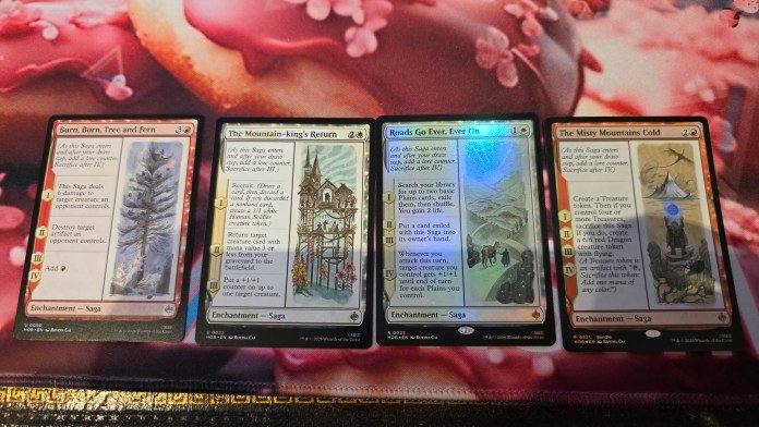 Saga cards including Burn, Burn, Tree and Fern, The Mountain-king's return, Roads Go Ever, Ever On, and The Misty Mountains. All the cards have four Sagas, except The mountain king's return which only has three sagas.