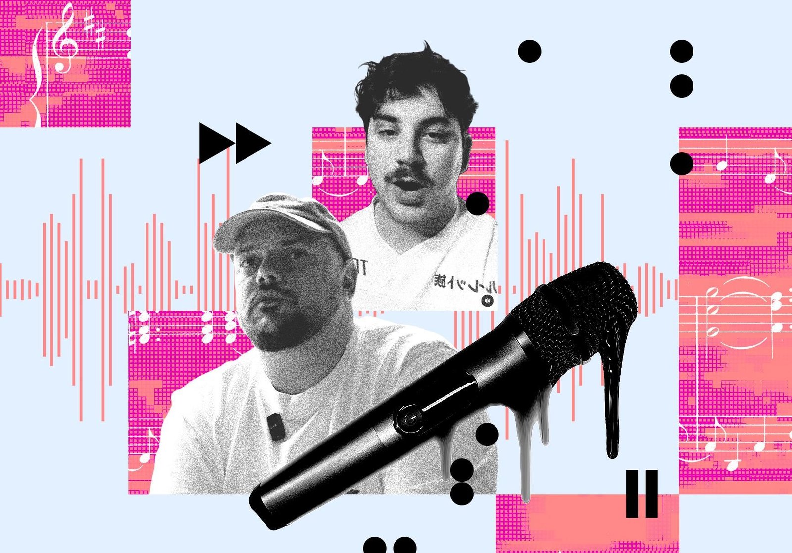 A digital illustration depicting Nihil Young and Max “H4RRIS” Harris.