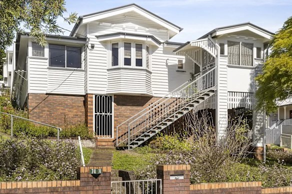 The three-bedroom house at 74 Agnes Street is perched on an 899-square-metre parcel with city views.