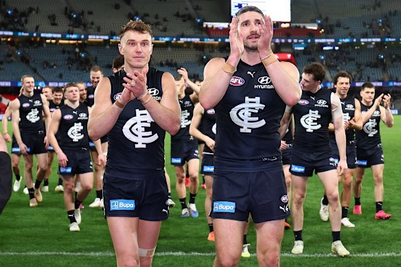 Patrick Cripps and Marc Pittonet lead the resurgent Blues off the ground on Saturday