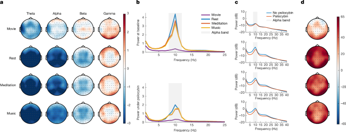 Fig. 6: EEG spectral and complexity changes show reduced eyes-open versus eyes-closed separation under psilocybin.