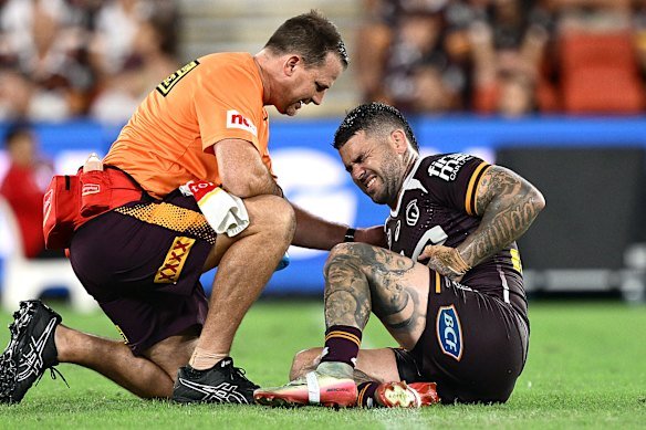 Adam Reynolds goes down injured against Parramatta in March. Injuries have plagued his final season in the NRL.
