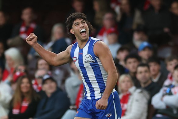 Cooper Trembath kicked a goal for the Kangaroos on Sunday, but his team lost to the Swans by 53 points