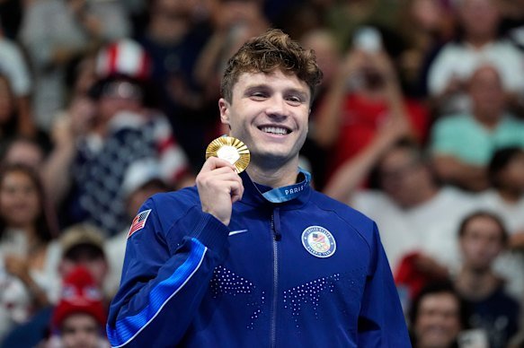 Bobby Finke drew the US level with Australia on seven gold medals when he won the men’s 1500m freestyle at the 2024 Olympics. 