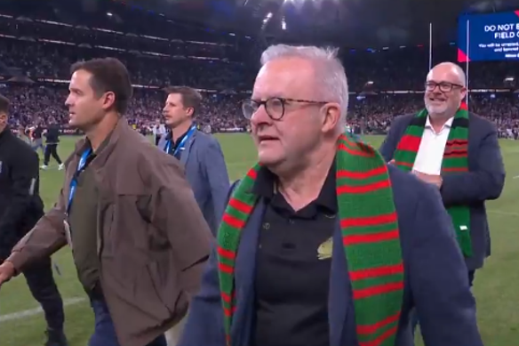South Sydney fan and Prime Minister Anthony Albanese was one of thousands of punters to take to the field at Allianz Stadium to celebrate Alex Johnston’s record-breaking try in March.