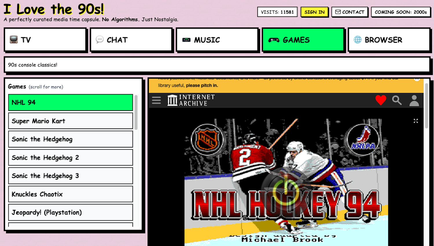 I Love The 90s website displaying retro online video games