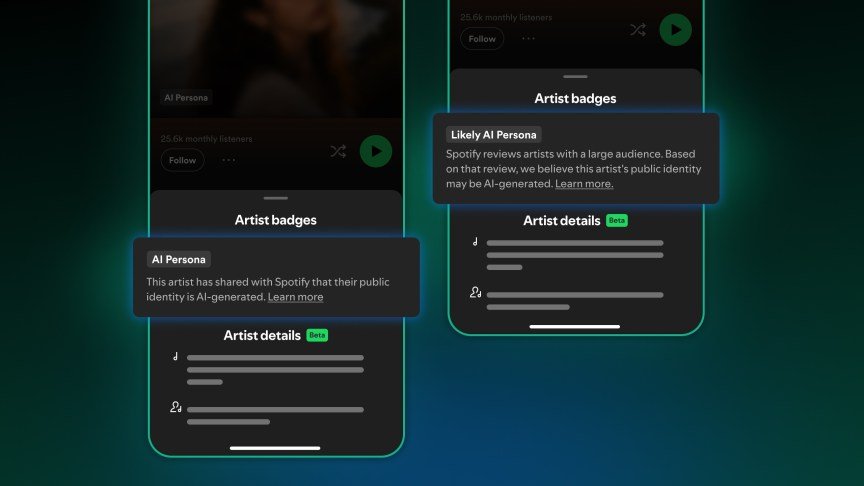 Two phone screens showing AI Persona badges and tagging