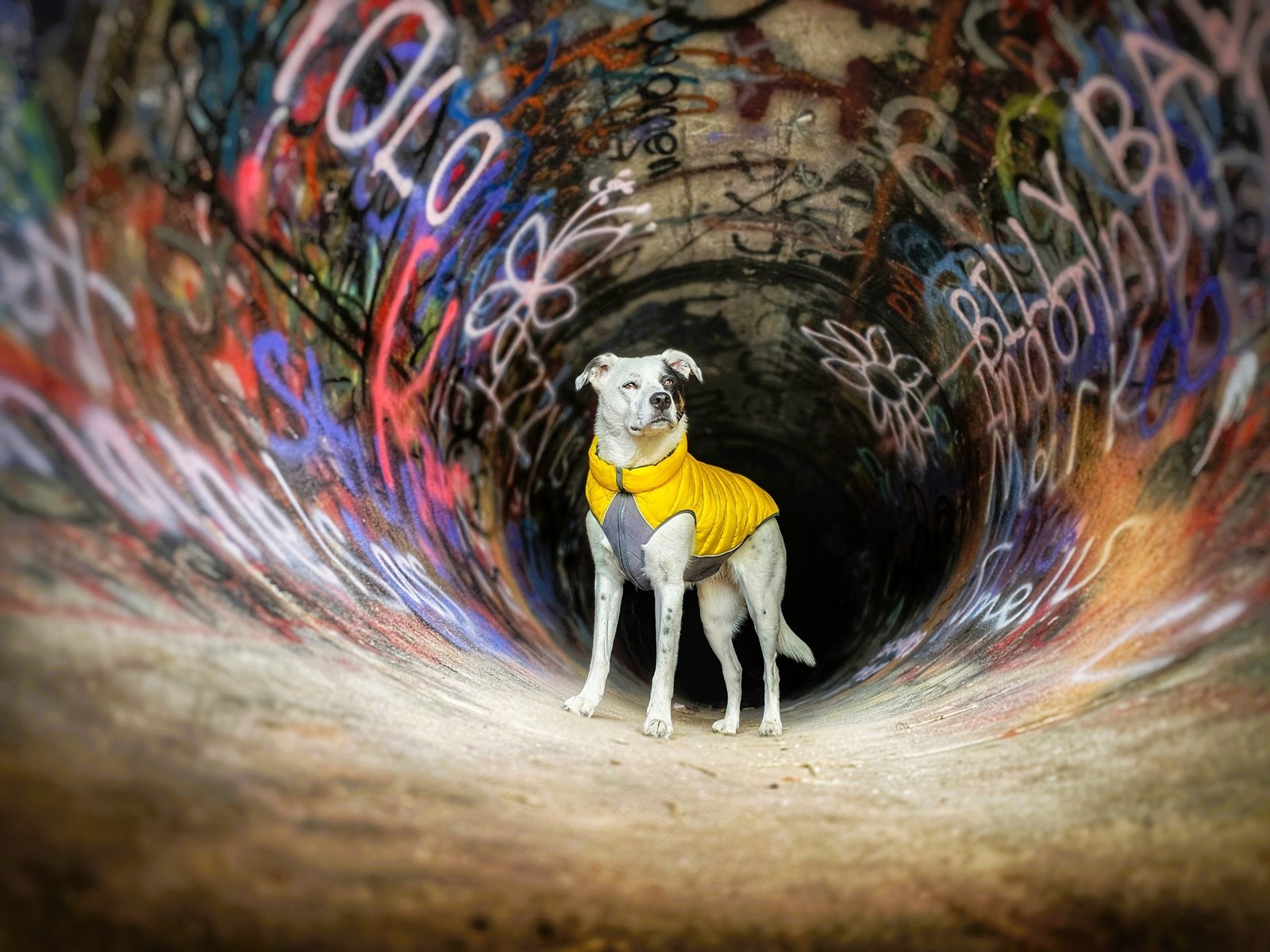 dog in tunnel filled with graffiti