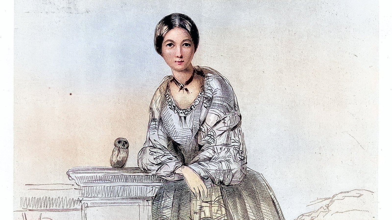 Woman in mid 1800s dress poses with an owl on a pedestal.