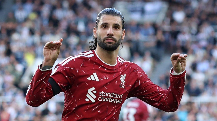 Dominik Szoboszlai of Liverpool celebrating, making hand gestures.