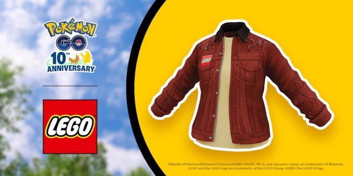 Pokemon GO 10th anniversary X LEGO with a picture of the in-game branded LEGO jacket. It's a red jacket with beige coloured tee underneath. There is the LEGO logo on the jacket's left hand side upper pocket.
