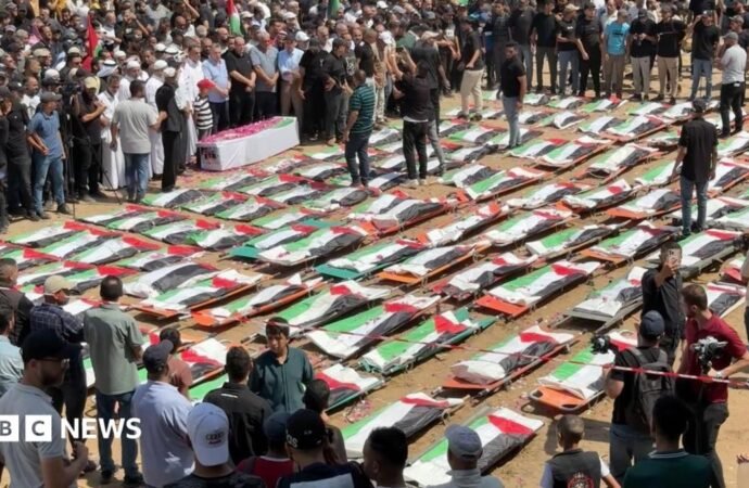 Mass funeral in Gaza for 112 Palestinians killed in 2023 Israeli strike
