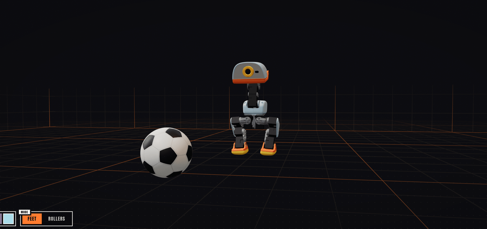 a simulated image of a robot with two legs and one eye standing on a black grid and moving towards a soccer ball