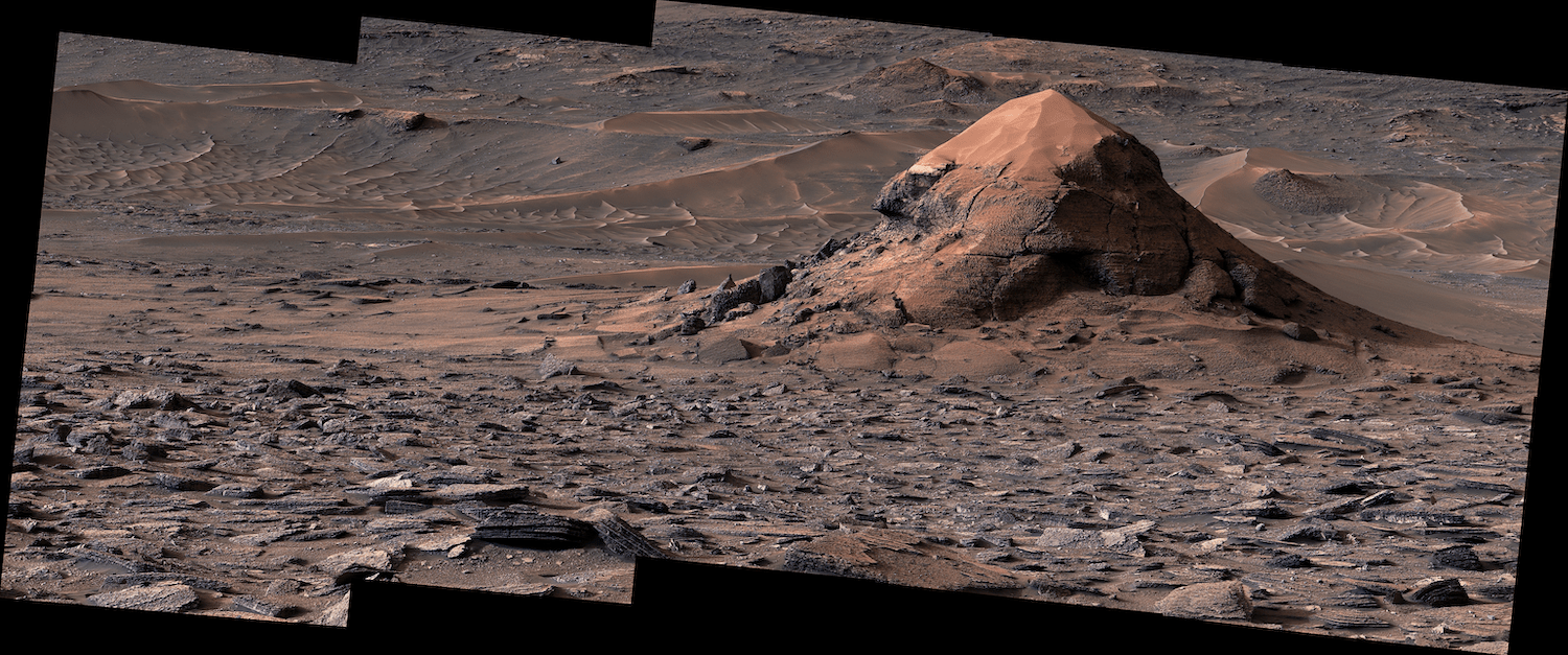 Composite image of Mars landscape with polygonal fractures and the Miraflores butte