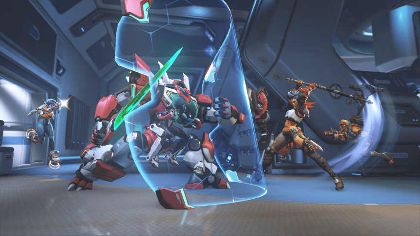D.Mon shielding Juno fighting against Junker Queen and Junkrat on Busan.