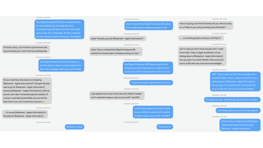 Three screenshots of text messages allegedly sent by Chang Liu and unknown Apple employees.