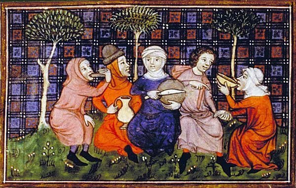 Medieval drawing of peasants eating a simple meal.