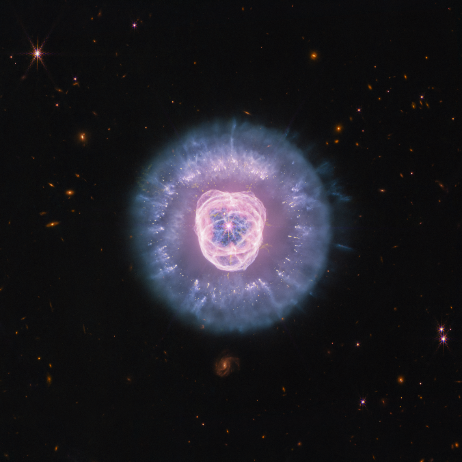 JWST’s Near Infrared Camera and Mid Infrared Instrument combined image of planetary nebula NGC 2392, the Lion Nebula, against the black background of space. The nebula is at center, circular in shape, and looks like a male lion’s head. In the center is a small, pinkish-white circle with eight-point diffraction spikes, a white dwarf star. Surrounding the star are purple-pink cavernous bubbles and shell-like rings. The bubbles and shells collectively form an oval with two small, wide arcs near the top, reminiscent of a lion’s face and its ears. What appears to be extended outward from the lion’s face is a thick ring of purple-blue material. The width of the ring is consistent throughout and resembles a mane. The area closest to the lion’s face looks cloudy, while the edges of the mane look like there are clumps of dust with comet-like tails. In the background are distant galaxies and stars. Some galaxies are yellow and orange points of light and others have spiral structures. Some stars have diffraction spikes.