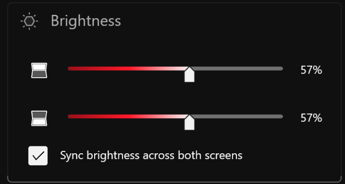 Screenshot of the Zephyrus' settings showing brightness. There are two sliding bars for each screen and a tick box that says "Sync brightness across both screens". The box is currently ticked,