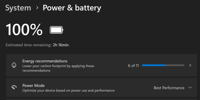 Screenshot of the Power & Battery Windows settings, showing 100% power, and estimated time remaining of 2 hours 16 mins, on Power Mode "Best Performance".