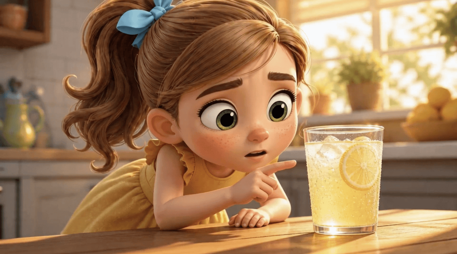An AI-generated image of a girl looking and pointing at a glass of lemonade on a countertop.
