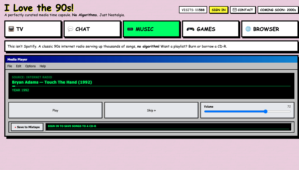 I Love The 90s website page displaying its music player