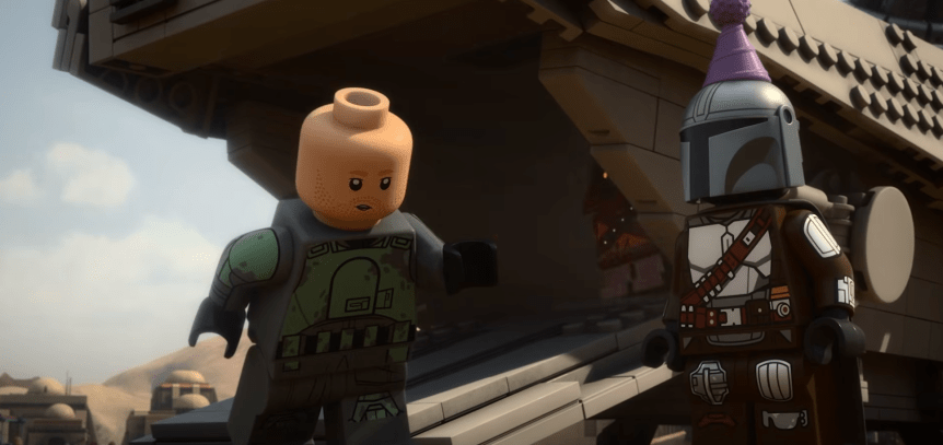 Lego Mandalorian with Migs, from the upcoming Lego Mandalorian special.