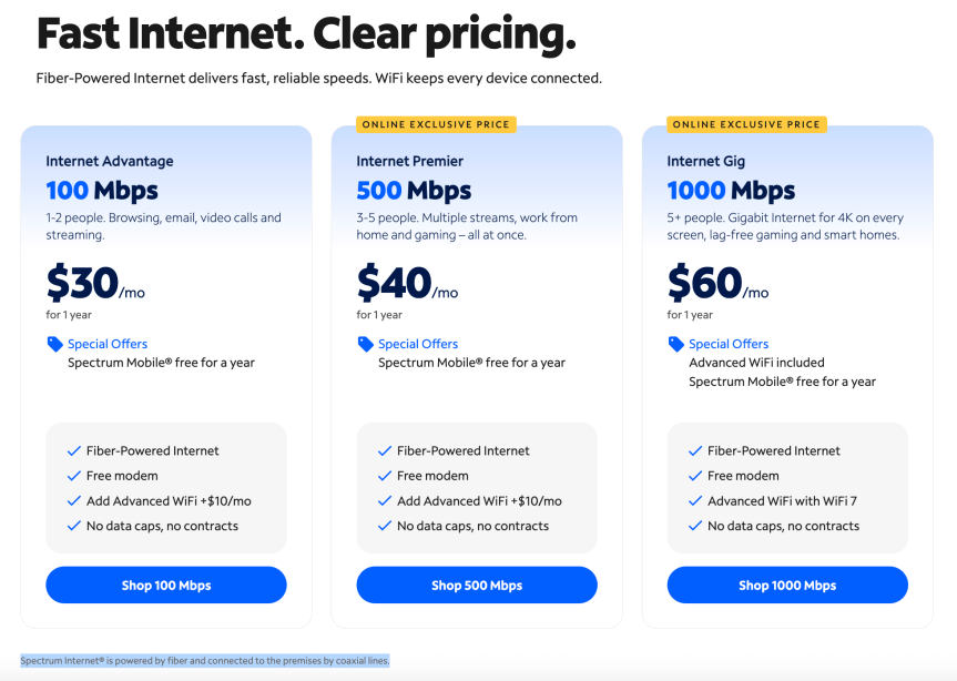 Screenshot of Spectrum plans with "fiber-powered" fine print