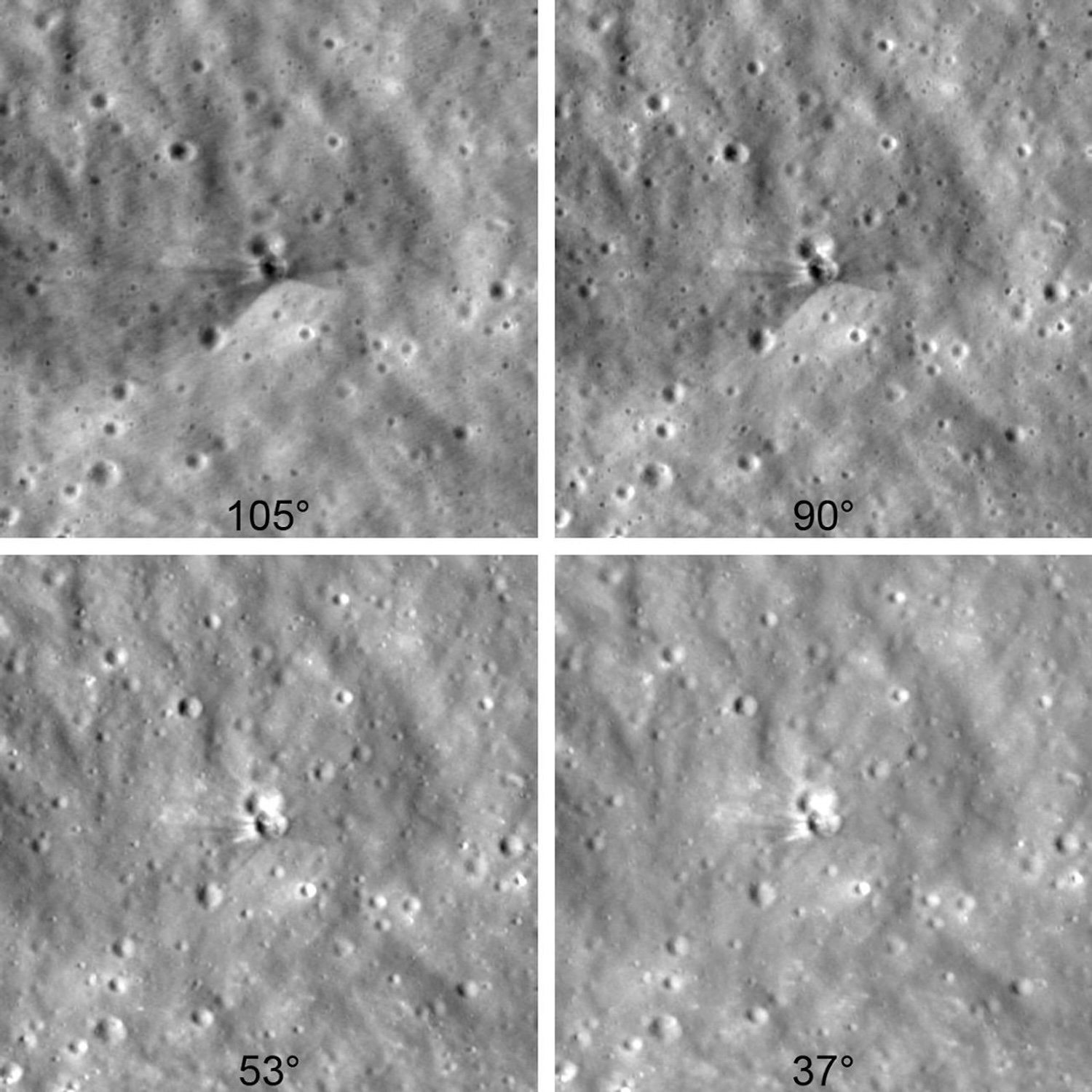 Collected between Aug. 11 and 12 by NASA’s Lunar Reconnaissance Orbiter, six days after a Falcon 9 upper-stage booster impacted the Moon, these images were taken from different viewing angles, bringing out different features. The darker area that fans around the crater in the upper-left image is rougher than the surroundings, as this surface material has been altered over a long time by solar wind, galactic cosmic rays, and micrometeorite impacts. The brighter rays and\ splotch above the crater in the lower-right image is fresher material that was excavated from deeper below the surface. The pictures are arranged in the order they were taken, starting at the top left and moving toward the bottom right, with the lighting angle from the Sun gradually changing from one image to the next. Each image is enlarged two times and shows an area of the Moon about 1,000 feet wide. Credit: NASA Goddard / Intuitive Machines
