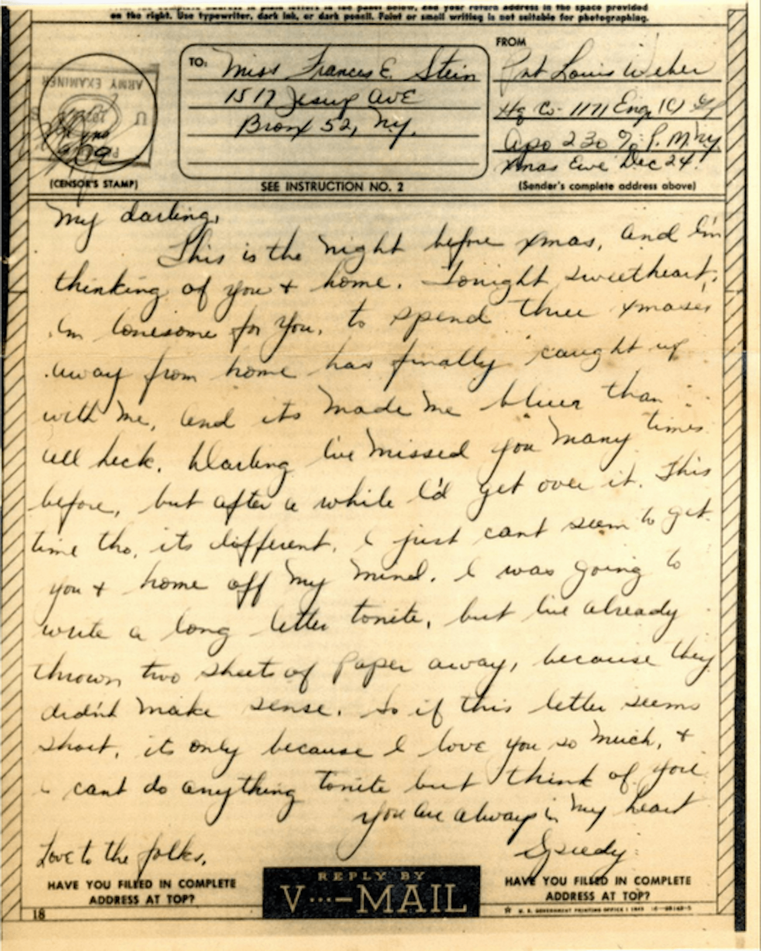 A letter from Private Louis Weber to his wife ahead of Christmas 1944.