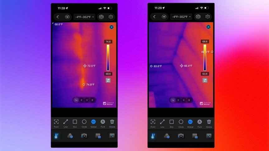 Thermal comparisons of hot and cool spots along ceiling corners.