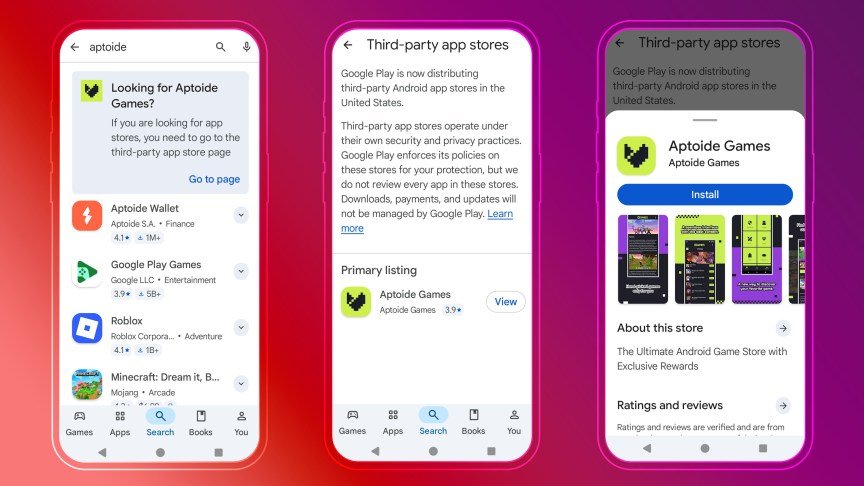 Screenshots showing the steps needed to install Aptoide Games on an Android phone.