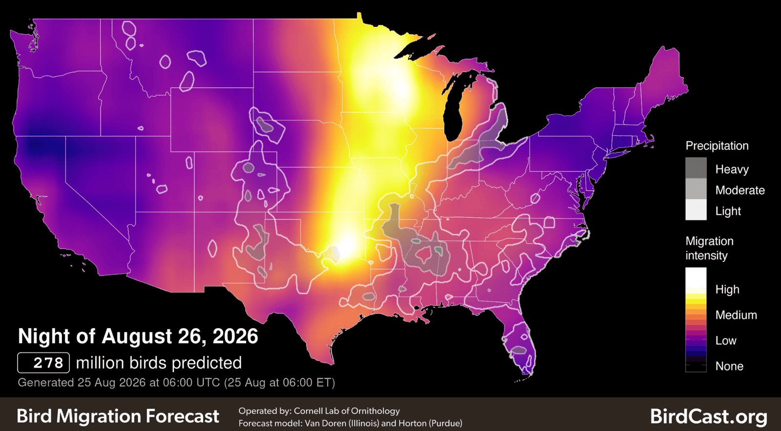 a map of the united states showing where birds are migrating. the highest concentrations are shown in white and yellow and are located over minnesota, iowa, missouri, kansas, and oklahoma