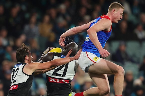 Jacob van Rooyen was a notable absence for the Demons against the Western Bulldogs after copping a three-week ban for his hit on Aliir Aliir in round 23.