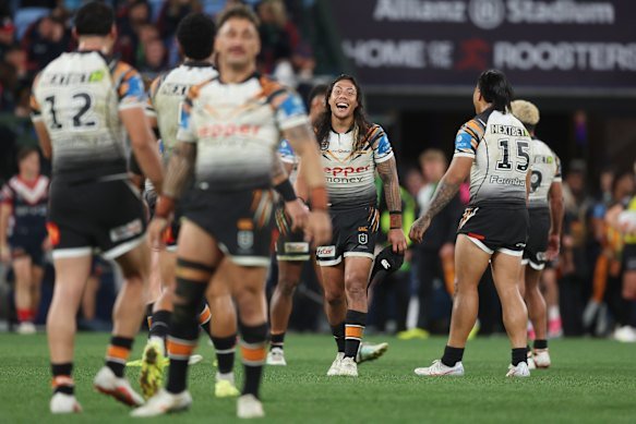 Jarome Luai was all smiles after Sunday’s stunning and spirited win over the Sydney Roosters.