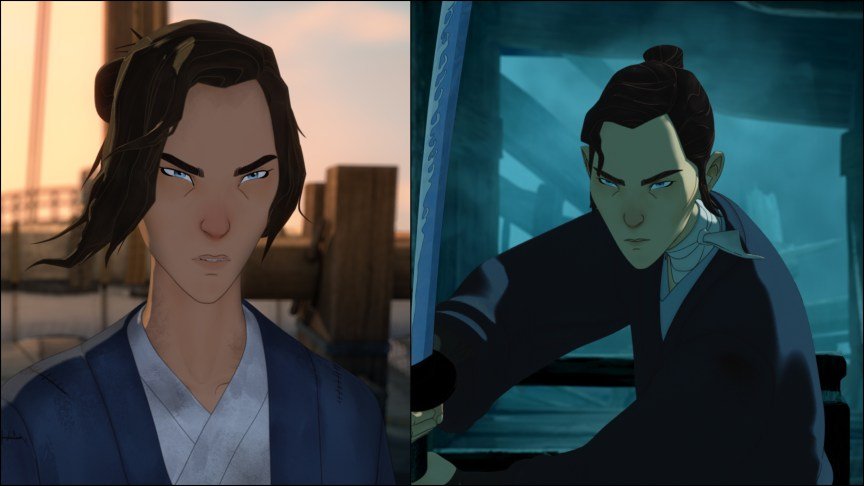 Mizu, the main character in Netflix's anime, Blue Eye Samurai, season 2, standing and holding a katana.