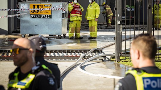 Fire Rescue and Victoria Police on the scene of a fire at a liquor wholesale factory in Keysborough.