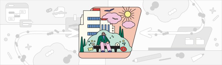 A simple stylised illustration showing a person sitting on a bench outside in a park with office buildings behind.