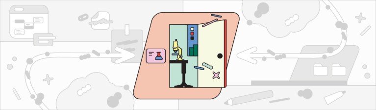 A simple stylised illustration showing a science lab with the door open.